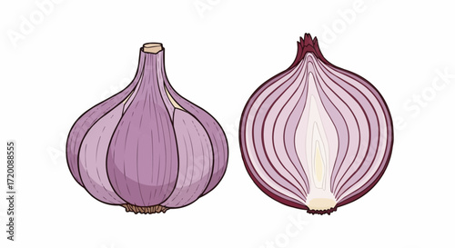 Fresh red onion and its cross-section, perfect for healthy recipes, vibrant cooking illustrations, and creative food designs, a culinary delight!