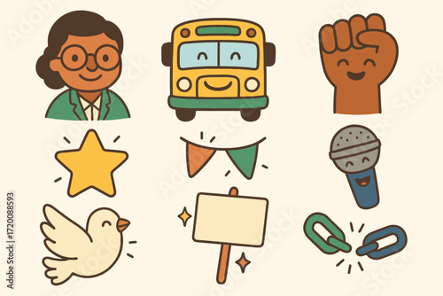 Collection of diverse hand drawn icons representing education peace and justice