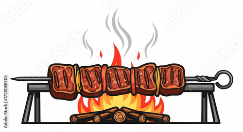 Mouthwatering skewers grilling over an open fire, perfect for summer barbecues and outdoor cooking promotions, a delicious taste of summer, originally vector