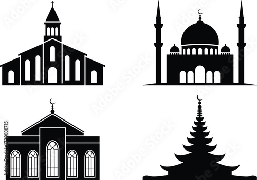 A vector icon set of world religion symbols, this collection features various places of worship like a Christian church, Islamic mosque, and pagoda