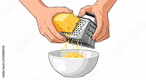 Freshly grated cheddar cheese falling into a bowl, perfect for recipes, cooking demonstrations, or food-related content, enhancing culinary projects