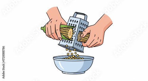 Preparing delicious corn kernels with a grater for fresh summer salad, healthy cooking at home, enjoying simple recipes and the taste of sweet corn