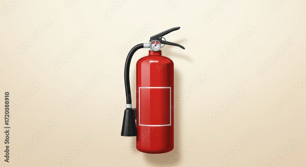 Obraz premium Red fire extinguisher with black hose on plain background
