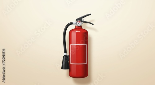 Red fire extinguisher with black hose on plain background