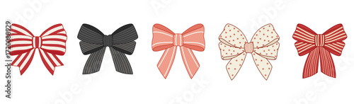 Set of hand-drawn bows with ribbons. Whimsical hair accessories and decorative elements for gifts, fashion, packaging, and design. Vector illustration.