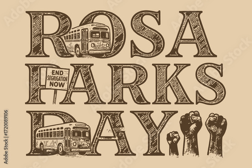 Rosa parks day illustration with vintage bus and protest fists celebrating civil rights