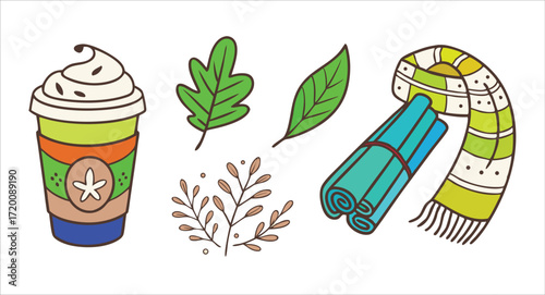 Cozy Autumn Doodle Vector Set with Latte Scarf Cinnamon and Fall Leaves for Hygge Lifestyle Graphics
