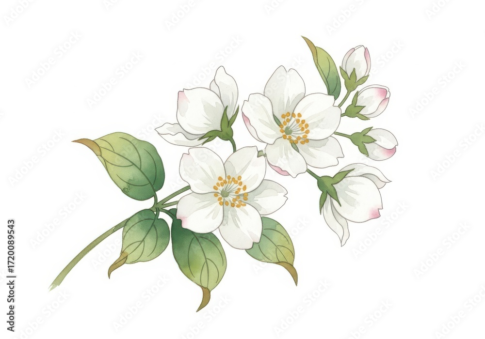 Fototapeta premium Delicate white jasmine blossoms adorned with lush green leaves on a white background