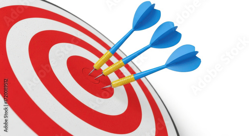 Triple Threat Three Blue Darts Perfectly Hitting the Bullseye on a Red and White Target Illustrating Precision Accuracy and Success in Achieving Business Objectives