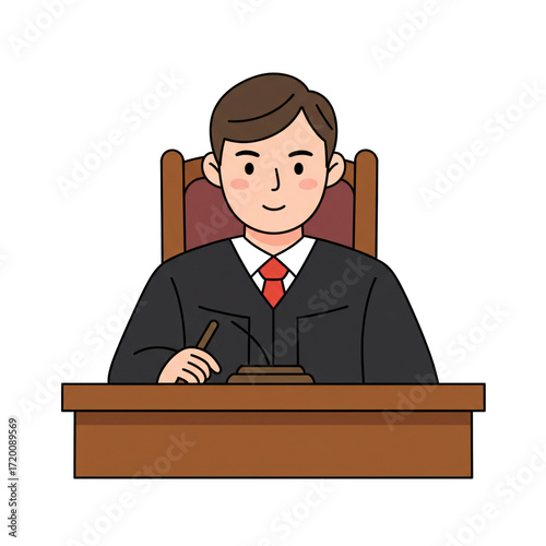 Cartoon judge character holding gavel at desk legal illustration