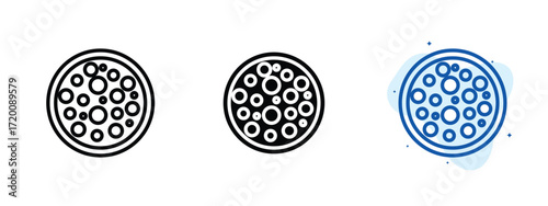 Set of pixel perfect colored Whole pizza icon.eps , 1 Silhouette, 1 Unexpanded, Whole pizza icon representing entire cheesy dish.