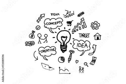 Brainstorming creative business ideas with lightbulb, concept bubbles, and success symbols