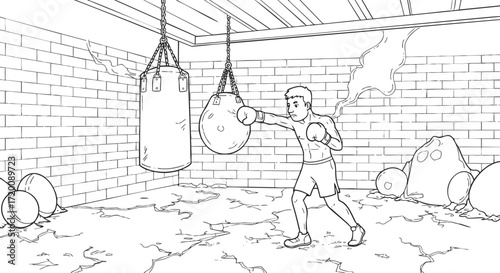 Man training boxing with punching bags in a gym, fitness and sport concept