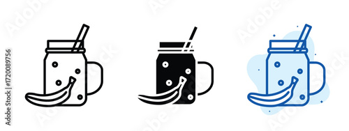 Set of pixel perfect colored Banana shake icon.eps , 1 Silhouette, 1 Unexpanded, Banana shake icon showing a cold fruit drink in a glass.