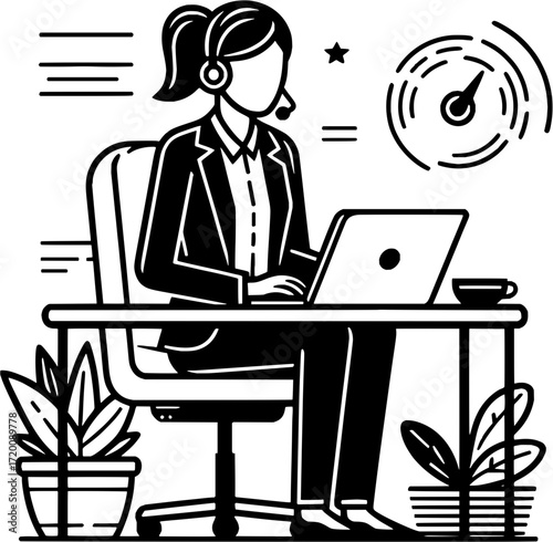 Professional businesswoman with headset works diligently on laptop in modern office setting, promoting productivity and success