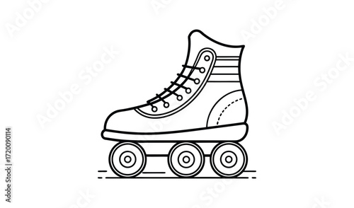 Retro quad roller skate boot with three wheels line drawing
