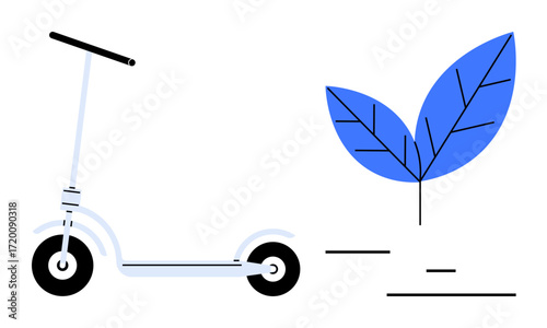 Electric scooter alongside minimalist blue leaf icon representing eco-friendly travel, sustainability, and renewable energy. Ideal for green living, mobility, innovation, nature conservation, urban