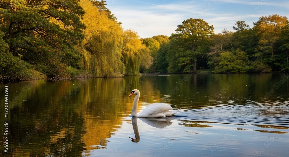 Fototapeta premium Serene Swan on Autumn Lake