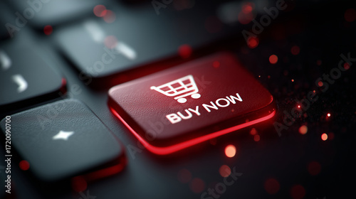 Black Friday online shopping concept with a glowing 'Buy Now' button on a computer keyboard, representing e-commerce, sales, and deals, perfect for promotional materials and website design.