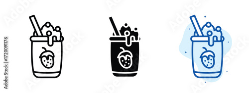 Set of pixel perfect colored Strawberry shake icon.eps , 1 Silhouette, 1 Unexpanded, Strawberry shake icon showing pink fruit beverage.