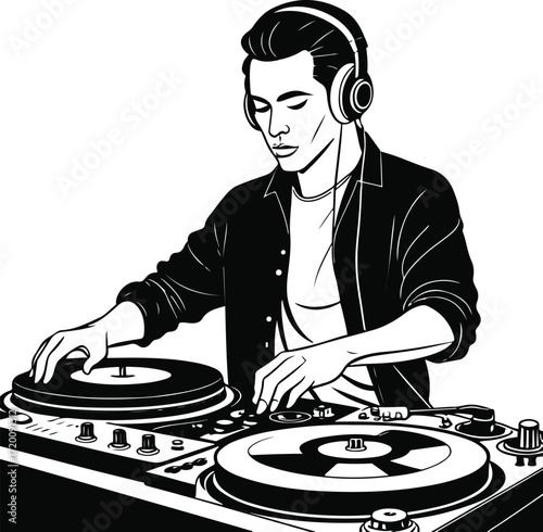 Minimalist line art DJ playing turntable, smooth continuous line