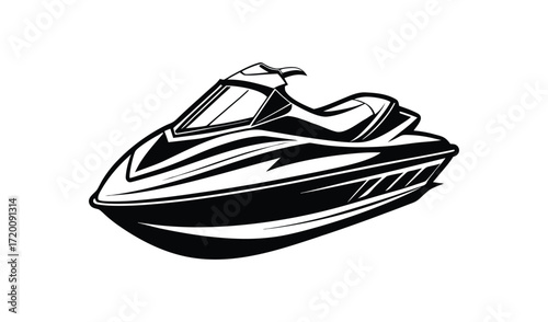 Black and white sketch of a personal watercraft on a white background