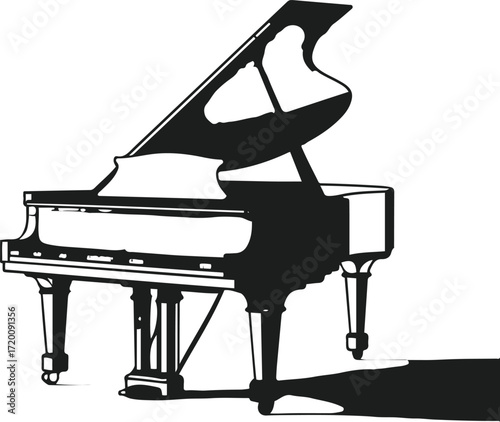Minimalist line art of grand piano lid open, perspective view, white background
