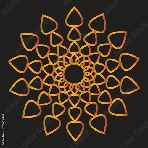Multi color leaves mandala pattern, black background.
