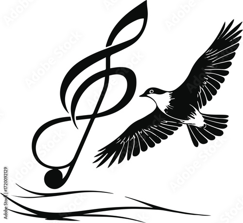 Treble clef line art morphing into a bird flying, black outline 1