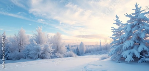 Snow-covered landscape with frosted trees and a serene winter sky,  japanese,  scenery