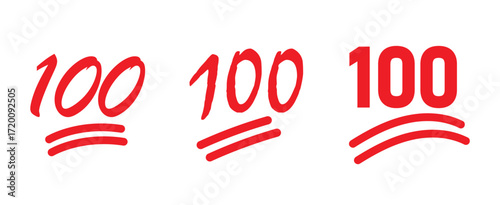  100 points emoji set in red color. hundred symbols for chats, stickers, and social media to express perfection, agreement, or strong emotion. digital messaging, apps, emoji pack. png and vector.