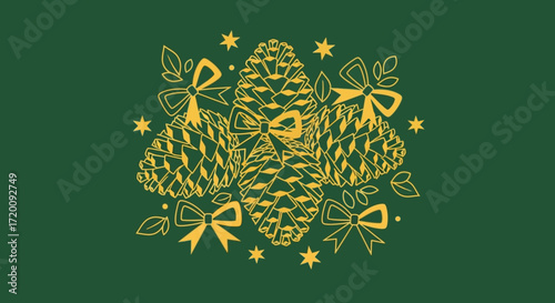 Elegant christmas background with pine cones, stars, bows and green background for festive season