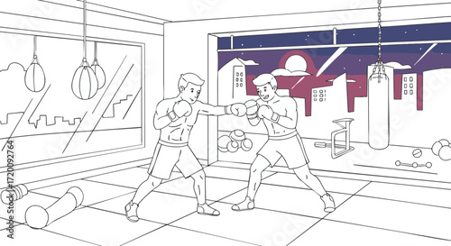 Dynamic black and white line art of two men in a boxing spar inside a modern gym with a panoramic city skyline view transitioning from day to night
