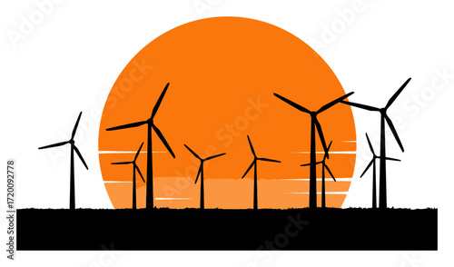 Wind Turbine Farm Silhouette at Sunrise - Vector Illustration