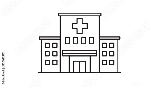 Line art illustration of a hospital building with a cross on top, showcasing its architectural structure.