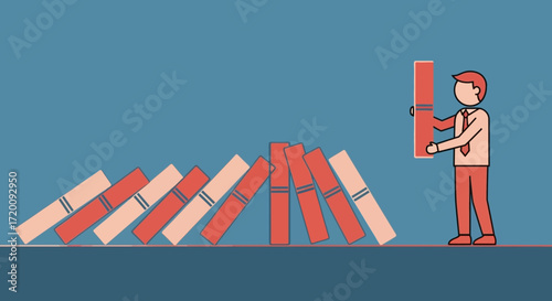 Conceptual image of businessman preventing a domino effect to maintain stability in business