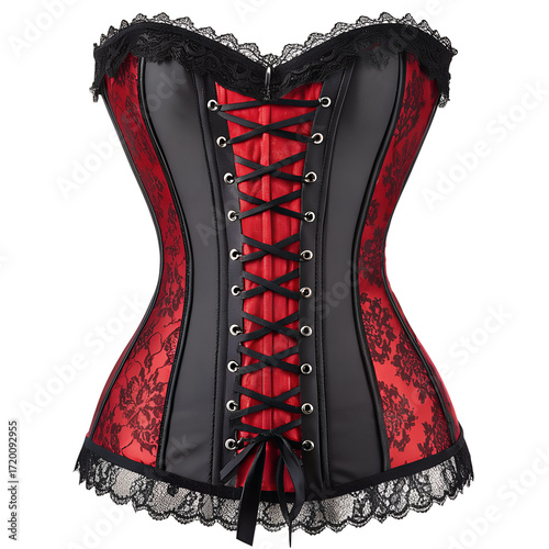 A black and red corset with lace detailing and a front lace-up design. The corset features intricate patterns and a structured silhouette, ideal for fashion or costume.