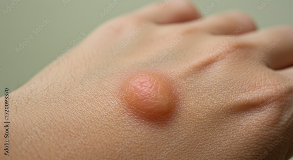 Fototapeta premium Lipoma or cyst on the back of the hand. A medical close-up image suitable for medical articles, dermatology websites, and healthcare education.