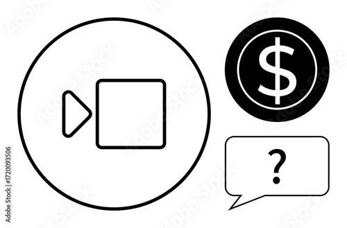 Camera icon, dollar sign, question in speech bubble reflect financial matters, digital media. Ideal for communication, finance, decision-making, online services, problem-solving technology overview