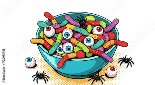 Colorful Halloween candy bowl with gummy worms and eyeballs  