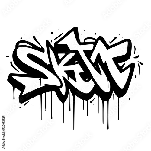 Bold skate graffiti art perfect for edgy urban designs, street style projects, or vibrant youth culture campaigns with its striking black and white aesthetic