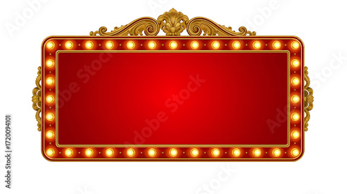 Ornate Golden Marquee Sign with Red Illuminated Panel and Light Bulbs retro vintage transparent background isolated on a transparent background