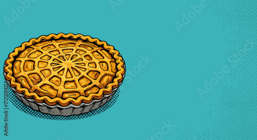 Cartoon pie on blue background with decorative crust design  