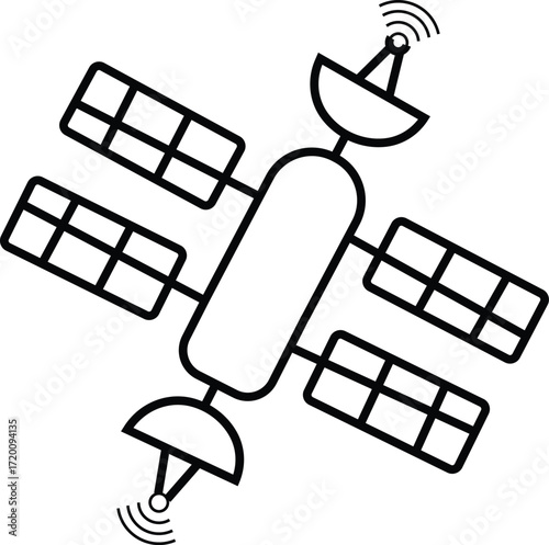 Satellite in orbit icon showing space communication, GPS navigation, global positioning system and data transmission technology with transparent background