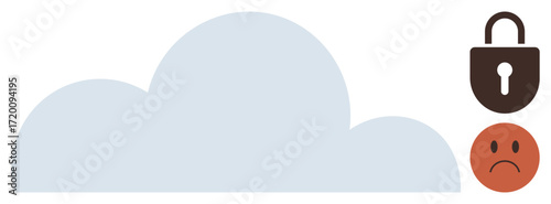 Cloud alongside padlock and sad face representing data security, access restrictions, and user dissatisfaction. Ideal for technology, cybersecurity, storage, policy, restriction, safety trust