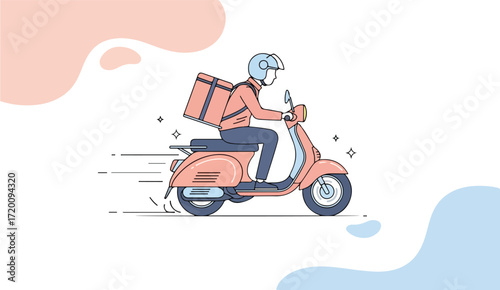 Delivery person speeds on pastel scooter, carrying food order.