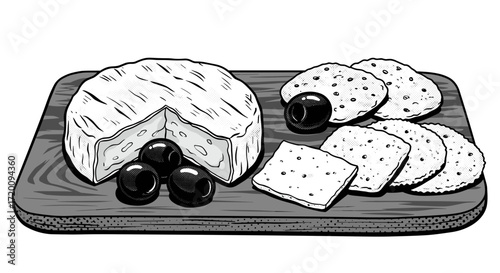 Cheese platter with crackers and olives on wooden board  