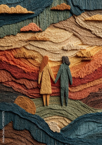 A Creative Layered Art Piece of Two Figures Holding Hands in a Colorful Landscape