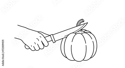 Hand holding knife to cut pumpkin in simple line art style  