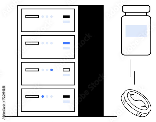 Server rack with indicators, medicine bottle, and pill represent pharmaceutical storage, medical innovation, digital healthcare, drug monitoring, data management, technology integration, simple flat